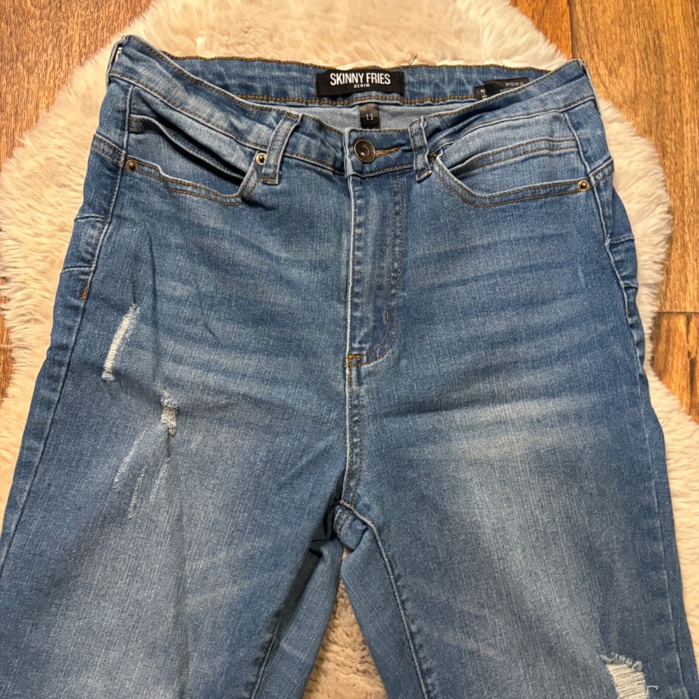 Skinny Fries Denim Jean Size 11 Flare Light Distressed Medium Blue Raw Hem - Picture 5 of 13